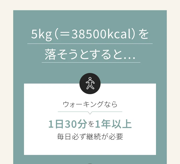 5kgを落とそうとすると　ウォーキングなら1日30分を1年以上毎日必ず継続が必要