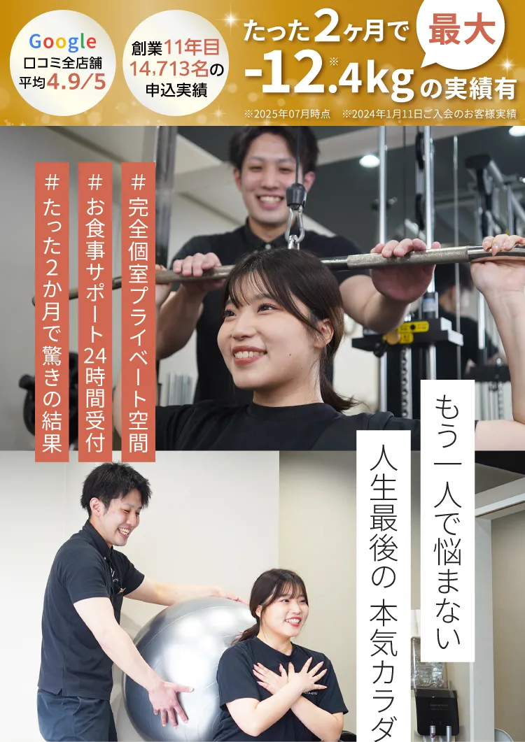 お客様の人生を変えるパーソナルジム　リタスタイル　１グーグル口コミ5段階で4.9　２お子さま連れ大歓迎　３痩せない場合は全額保証