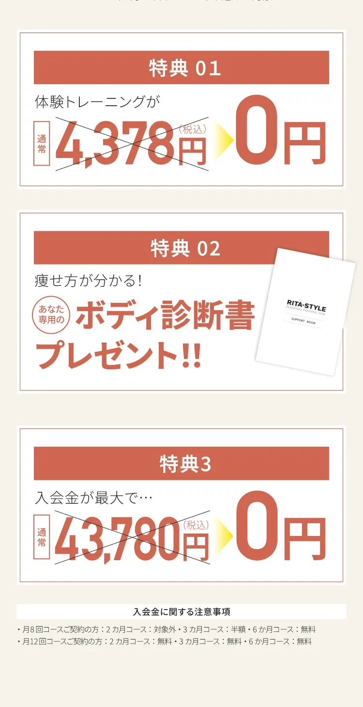 特典01：体験トレーニング0円、特典02：ボディ診断書プレゼント、特典03：入会金最大0円