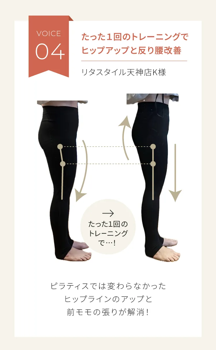 お客様の声04：リタスタイル天神店 K様。たった1回のトレーニングでヒップアップと反り腰改善を実感。前モモの張りも解消。