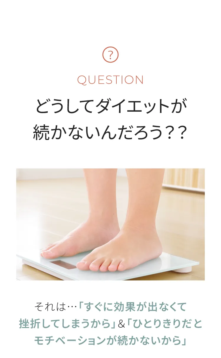 QUESTION：どうしてダイエットが続かないんだろう？？それは「すぐに効果が出なくて挫折するから」＆「ひとりだとモチベーションが続かないから」
