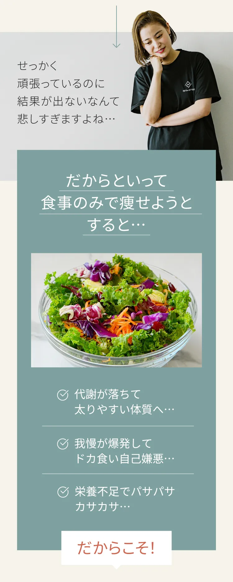 せっかく頑張っているのに結果が出ないのは悲しい。だからといって食事のみで痩せようとすると、代謝が落ち、我慢が爆発し、栄養不足で肌や髪がパサパサに。