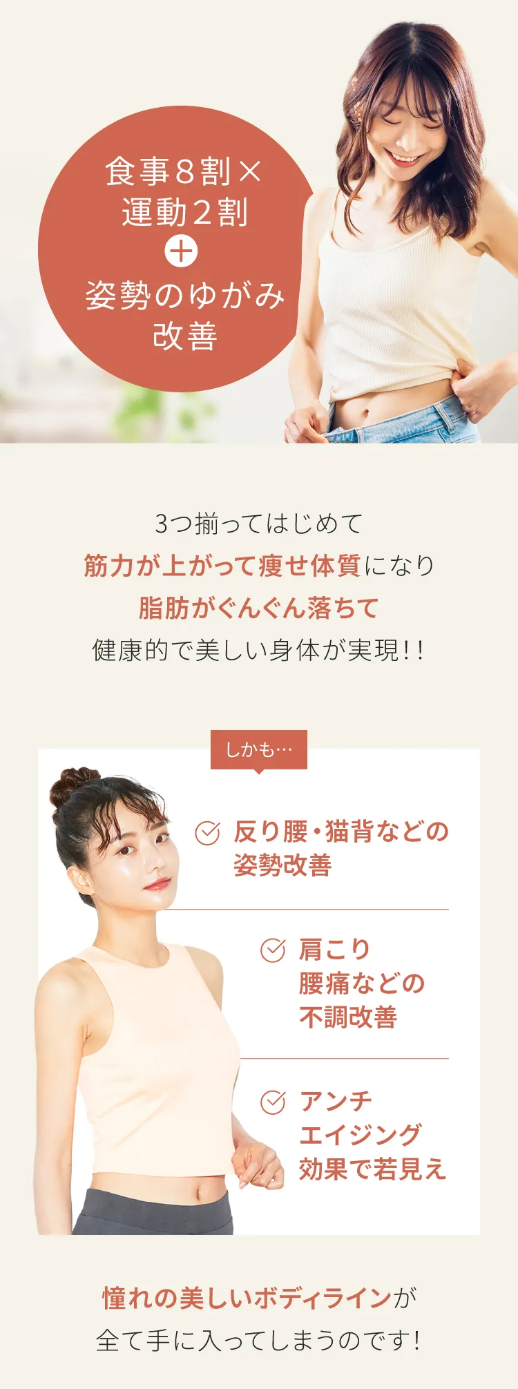 食事8割×運動2割＋姿勢改善。3つ揃ってはじめて痩せ体質になり健康的に美しい身体が実現！反り腰・猫背・肩こり・腰痛の改善やアンチエイジング効果も。