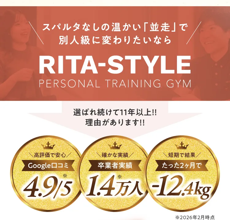 スパルタなしの温かい「並走」で別人級に変わりたいなら RITA-STYLE PERSONAL TRAINING GYM。選ばれ続けて11年以上！理由があります：Google口コミ4.9/5（高評価で安心）、卒業者実績1.4万人（確かな実績）、たった2ヶ月で-12.4kg（短期で結果）※2026年2月時点